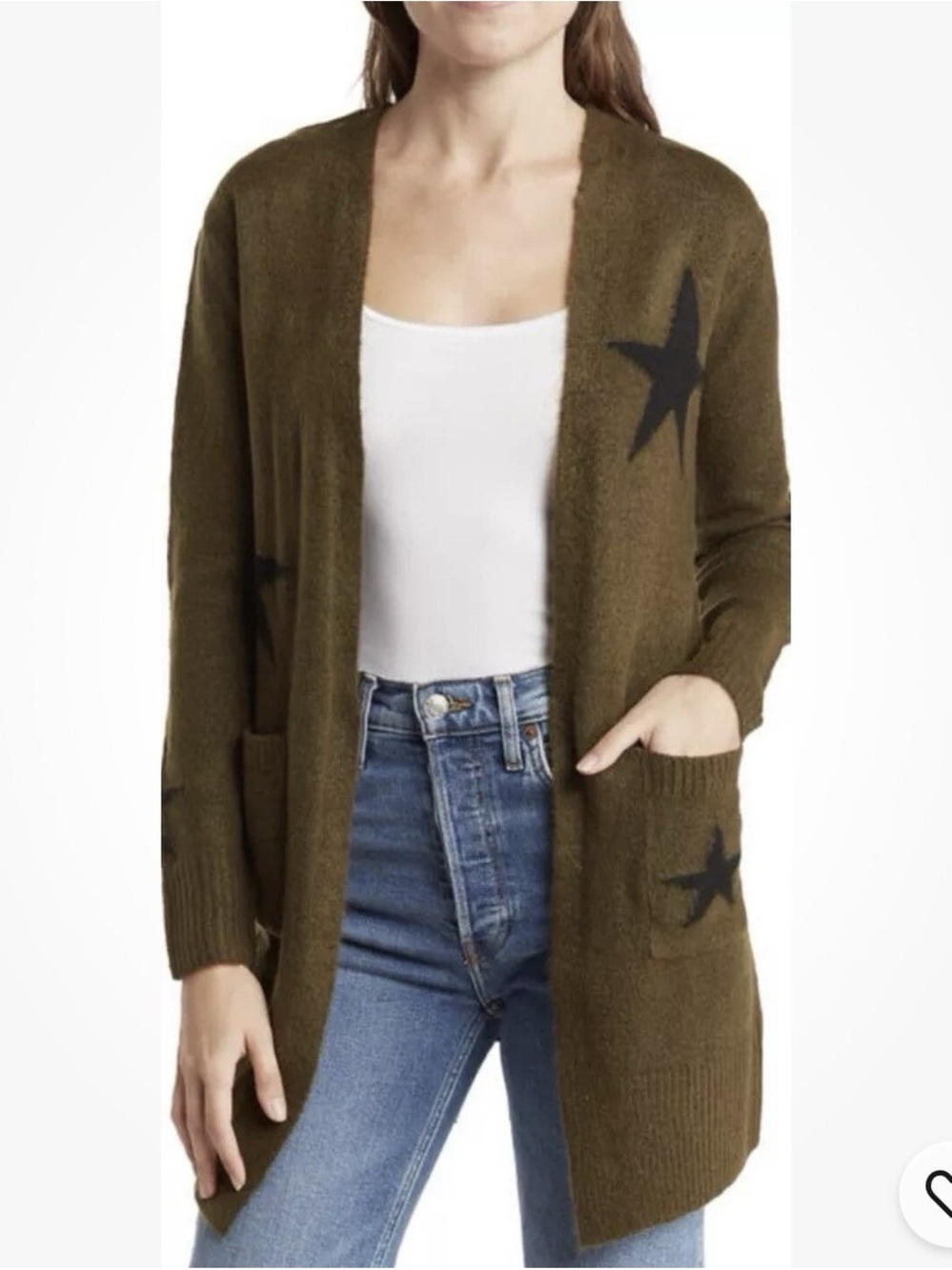 Sweet Romeo Instarsia Olive Star Print Open-Front Women's Cardigan